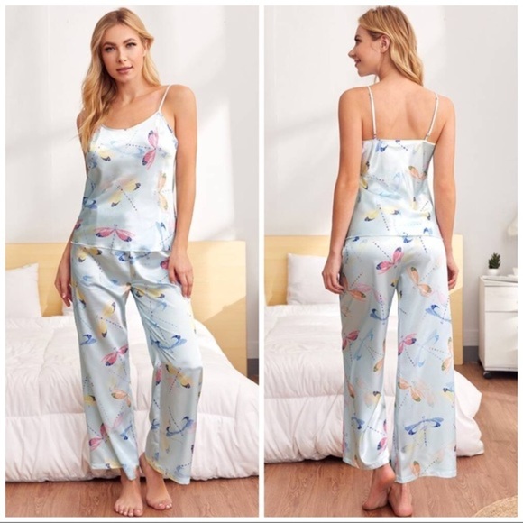 New Blue Satin Silk-Like Cami Pajama Set - Picture 1 of 4